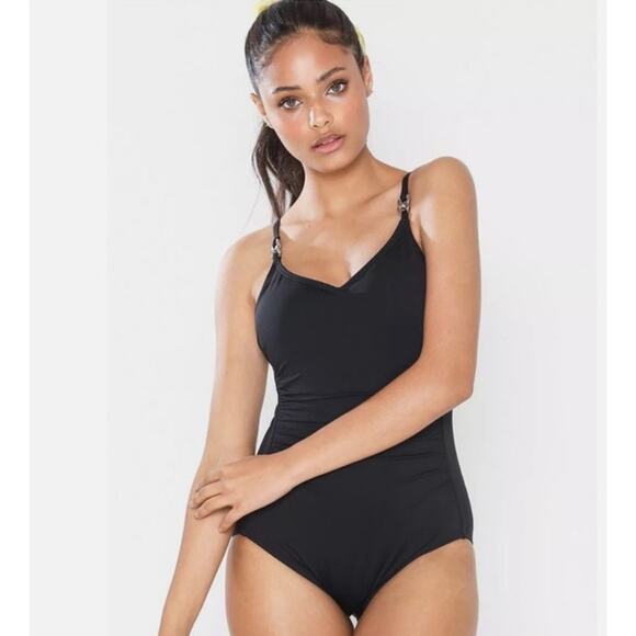 Michael Kors Black One Piece Swimsuit Size 8 Gold Hardware Resort Swimwear - Picture 1 of 11